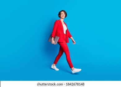 Full length body size view of attractive cheerful businesslady specialist going carrying laptop isolated over bright blue color background