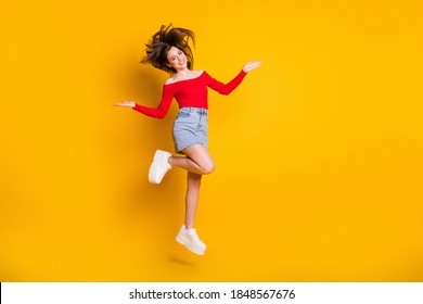 Full length body size view of her she nice attractive charming cheerful cheery thin girl jumping having fun spending weekend isolated bright vivid shine vibrant yellow color background - Shutterstock ID 1848567676