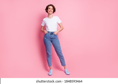 Full length body size view of nice content cheery brown-haired girl posing wearing comfy clothing isolated over pink color background - Powered by Shutterstock