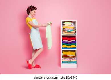 Full Length Body Size View Of Pretty Cheerful Careful Maid Mom Organizing Things Doing Tidy-up Routine Isolated On Pink Color Background