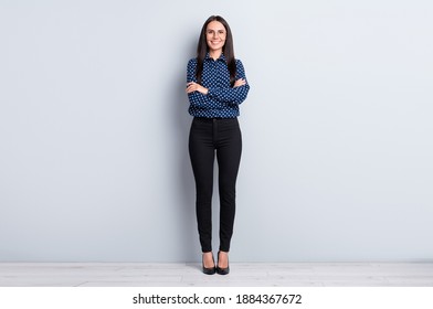 Full Length Body Size View Of Lovely Tall Slender Cheerful Lady Folded Arms Isolated On Grey Pastel Color Background