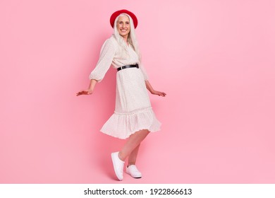 Full Length Body Size View Of Attractive Cheerful Grey-haired Granny Dancing Having Fun Isolated Over Pink Pastel Color Background