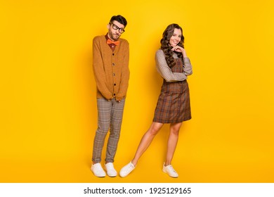 Full Length Body Size View Of Attractive Cheerful Funky Couple First Meet Unsure Guy Isolated On Bright Yellow Color Background