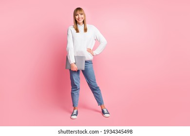 Full Length Body Size View Of Pretty Cheerful Girl Holding In Hands Laptop E-commerce Isolated Over Pink Pastel Color Background