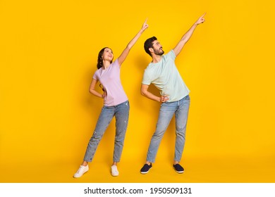 Full Length Body Size View Of Attractive Cheerful Couple Dancing Good Mood Rest Relax Chill Isolated Over Bright Yellow Color Background