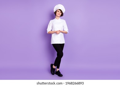 Full Length Body Size View Of Attractive Cheerful Girl Chef Posing Isolated Over Pastel Violet Purple Color Background