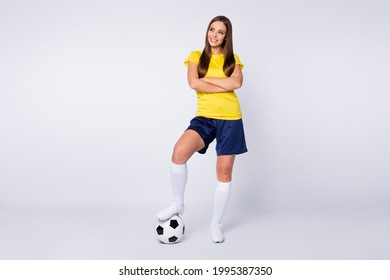 Full Length Body Size View Of Her She Nice Beautiful Attractive Lovely Content Sportive Cheery Straight-haired Girl Playing Football Folded Arms Isolated Over Light White Gray Pastel Color Background