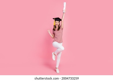Full Length Body Size View Of Attractive Cheerful Girl Graduating College Rejoicing Isolated Over Pink Pastel Color Background