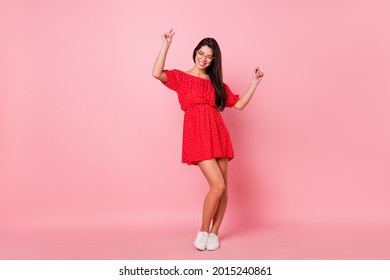 Full length body size view of attractive cheerful glad girl dancing celebrating isolated over pink pastel color background - Shutterstock ID 2015240861