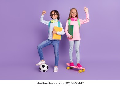 Full length body size view of trendy friends friendship kids having fun isolated over bright violet purple color background - Powered by Shutterstock