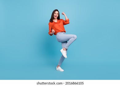 Full length body size view of attractive cheerful girl dancing having fun rejoicing isolated over bright blue color background - Shutterstock ID 2016866105