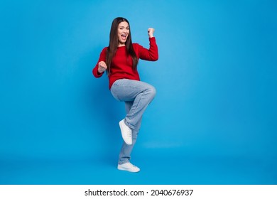 Full Length Body Size View Of Attractive Cheerful Lucky Woman Rejoicing Having Fun Isolated Over Bright Blue Color Background