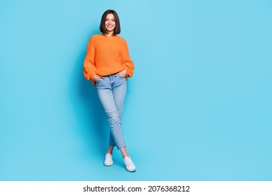 Full length body size view of attractive cheerful girl posing copy empty space isolated over bright blue color background