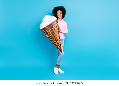 Full length body size view of attractive trendy funky cheerful girl holding paper icecream isolated over vivid blue color background - Shutterstock ID 2151033905