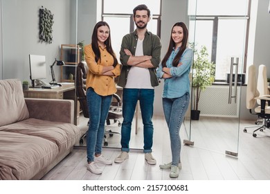 Full Length Body Size View Of Attractive Cheerful People Experts Leaders Digital Company Folded Arms At Work Place Station Indoors