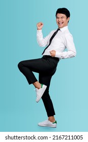 Full Length Body Size View Of Attractive Successful Cheerful Guy Dancing Having Fun Celebrating Victory Isolated Over Blue Pastel Color Background