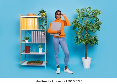 Full Length Body Size View Of Attractive Cheery Girl Finance Expert Employee Touching Specs Isolated Over Blue Color Background