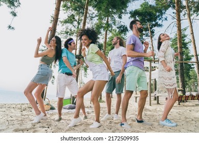 Full length body size view of attractive cheerful friends gathering pastime dancing sunny day at bank river picnic outdoors - Powered by Shutterstock