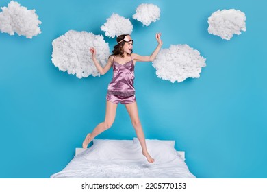Full length body size view of attractive trendy cheery girl jumping dancing having fun isolated over bright blue color background - Shutterstock ID 2205770153