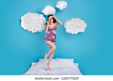 Full length body size view of attractive trendy crazy girl jumping wearing mask having fun isolated over bright blue color background - Shutterstock ID 2205770329