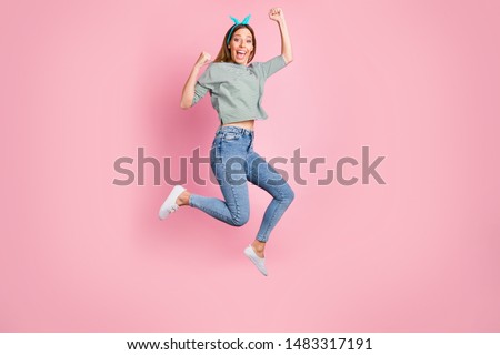 Full length body size view of her she nice attractive lovely charming cute cheerful cheery ecstatic straight-haired girl having fun free time celebrating isolated over pink background
