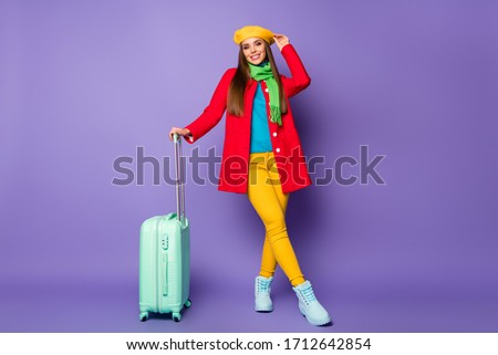 Full length body size view of her she nice-looking attractive lovely pretty charming cheerful straight-haired girl waiting ship train bus isolated on lilac purple violet pastel color background