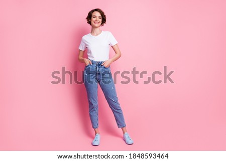 Full length body size view of nice content cheery brown-haired girl posing wearing comfy clothing isolated over pink color background