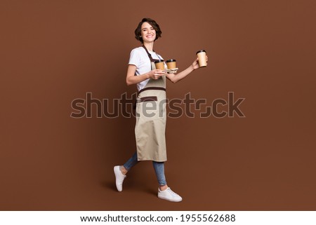 Full length body size view of attractive cheerful girl bringing coffee serving isolated over brown color background