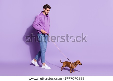 Full length body size view of attractive cheerful guy walker walking little dog isolated over purple violet color background