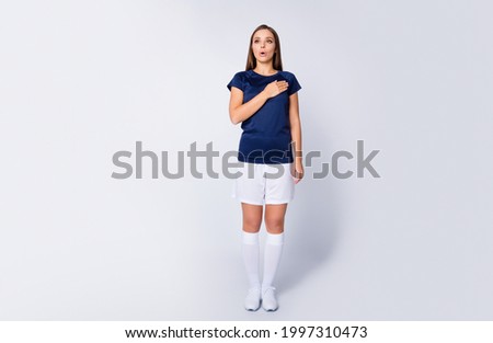 Full length body size view of her she nice-looking attractive faithful serious straight-haired girl holding hand on heart praying saying speech isolated over light white gray pastel color background