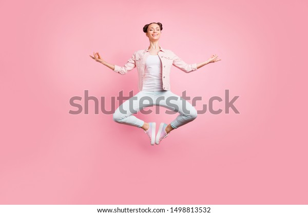 Full length body
size view portrait of her she nice attractive charming lovely
slender careless cheerful cheery girl practicing yoga class
isolated over pink pastel
background