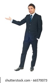 Full Length Of Business Man In Black Suit Making Presentation To Copy Space Isolated On White Background