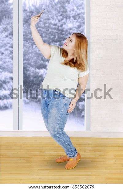 Full Length Cheerful Fat Girl Blonde Stock Photo Edit Now 653502079