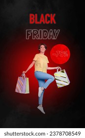 Full length collage of funny shopaholic girl holding many shop bags black friday coupon minus 75 percent price isolated on red background