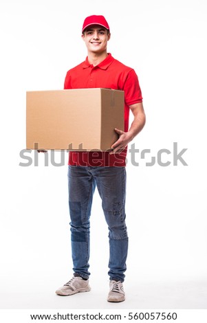 Full length delivery man with box.