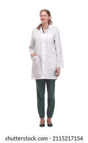 Full Length Of A Female Doctor Standing Against Isolated White Background