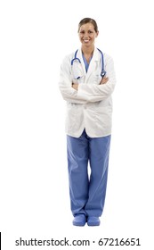 Full Length Of A Female Doctor Standing Against Isolated White Background