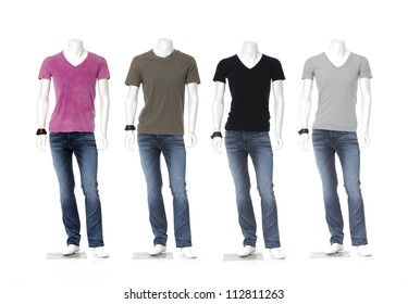 Full Length Four Male Mannequin Dressed In Jeans With Colorful T-shirt