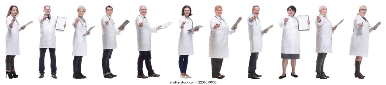 full length group of doctors with notepad isolated