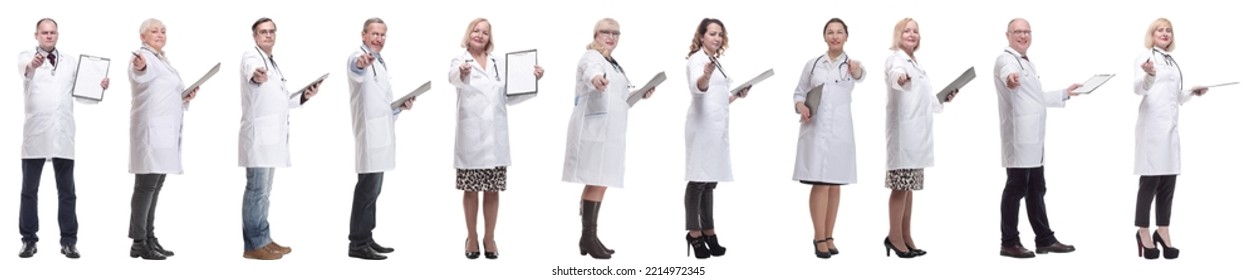 full length group of doctors with notepad isolated