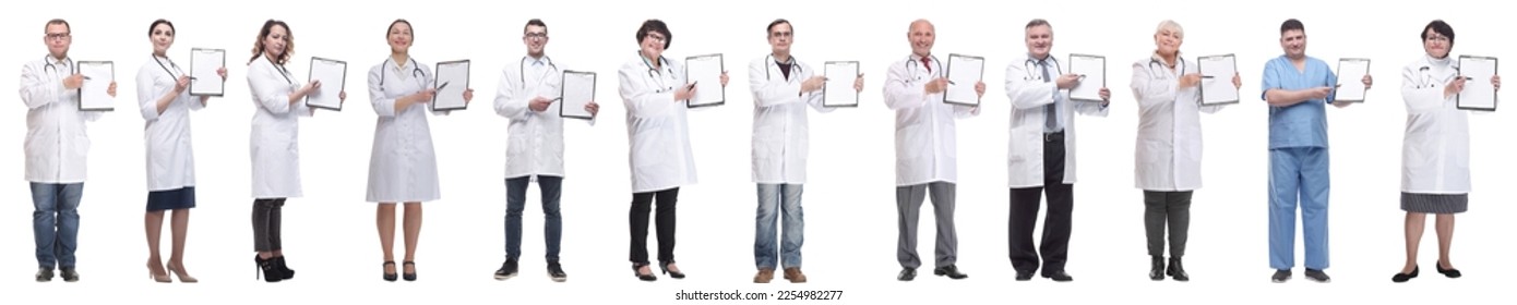 full length group of doctors with notepad isolated