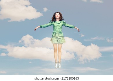 Full length happy calm pretty girl in ruffle dress levitating hovering in mid-air with raised hands as wings, jumping trampoline or flying up in the sky. collage composition on day cloudy blue sky