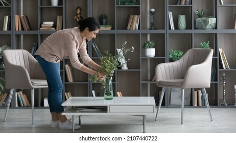 Full length happy tidy young Indian ethnicity female homeowner putting flowers in vase on table in modern living room, making dwelling comfortable, decorating styling improving interior design.