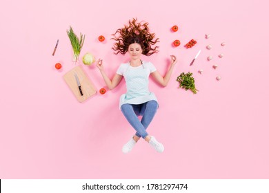 Full Length High Angle Top Above Flat Lay View Photo Of Pretty Housewife Lady Lying Floor Morning Yoga Meditation Wear Kitchen Apron Cooking Utensils Cuisine Isolated Pink Color Background