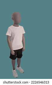 Full length image of a child display mannequin wearing white t-shirt and black shorts isolated on blue background - Shutterstock ID 2226546313