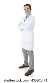 A full length image of a happy doctor in dress shirt, tie and lab coat looking at the viewer.  On a white background.