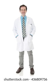 Full Length Image Of A Happy Face-forward Man In A Lab Coat Looking At The Viewer.  On A White Background.