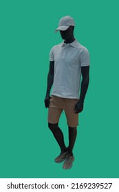 Full length image of a male display mannequin wearing fashionable summer clothes isolated on blue background - Shutterstock ID 2169239527