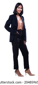 Full Length Indian Arab Business Woman Stand Black Formal Suit Pants Walk. Lawyer Boss Is Standing