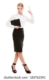 Full Length Of Mad Businesswoman Boss. Furious Teacher Woman Shaking An Admonitory Finger Isolated. Studio Shot.